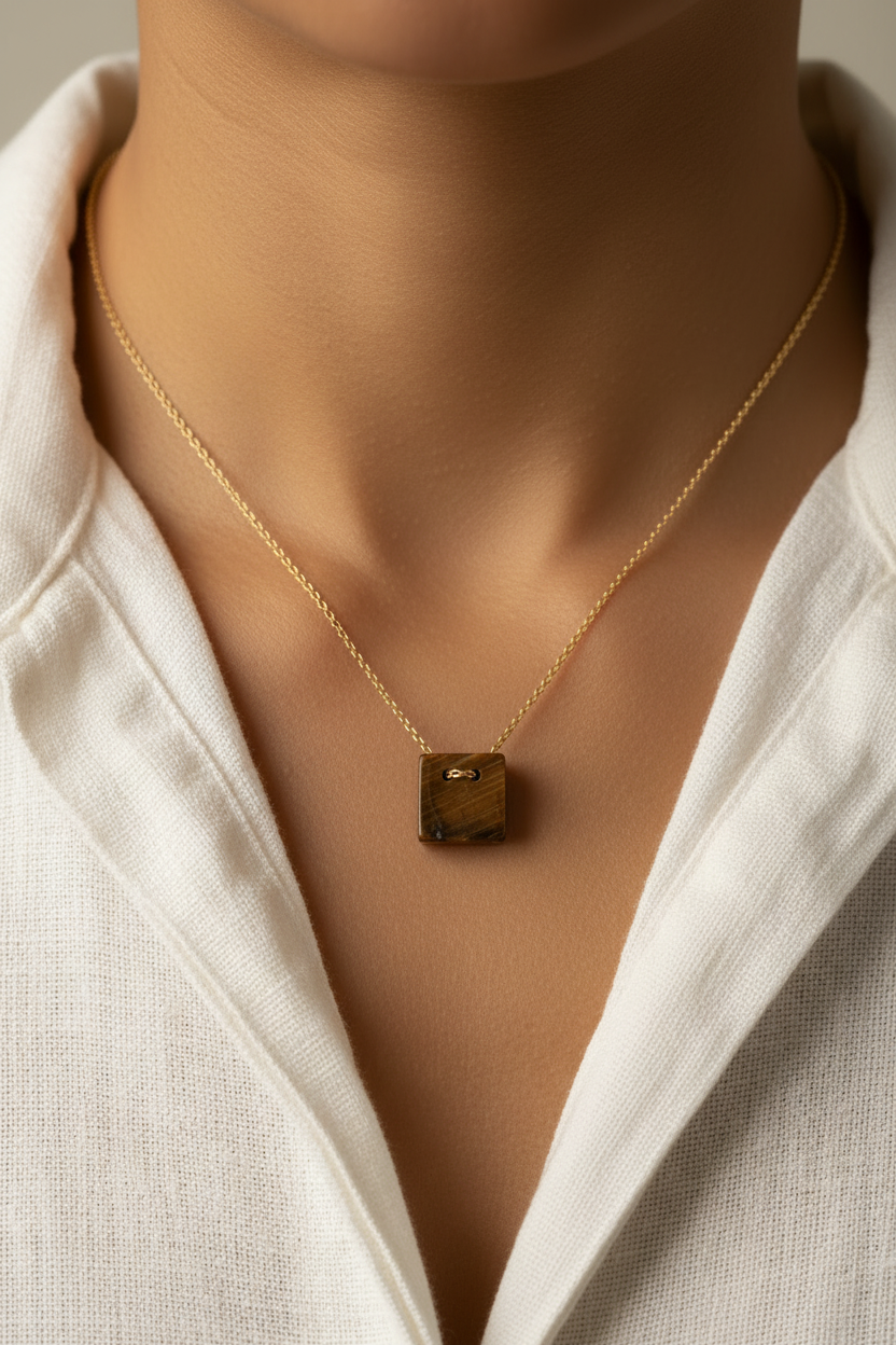 Colar Castanho - Detalhe macro com linho branco