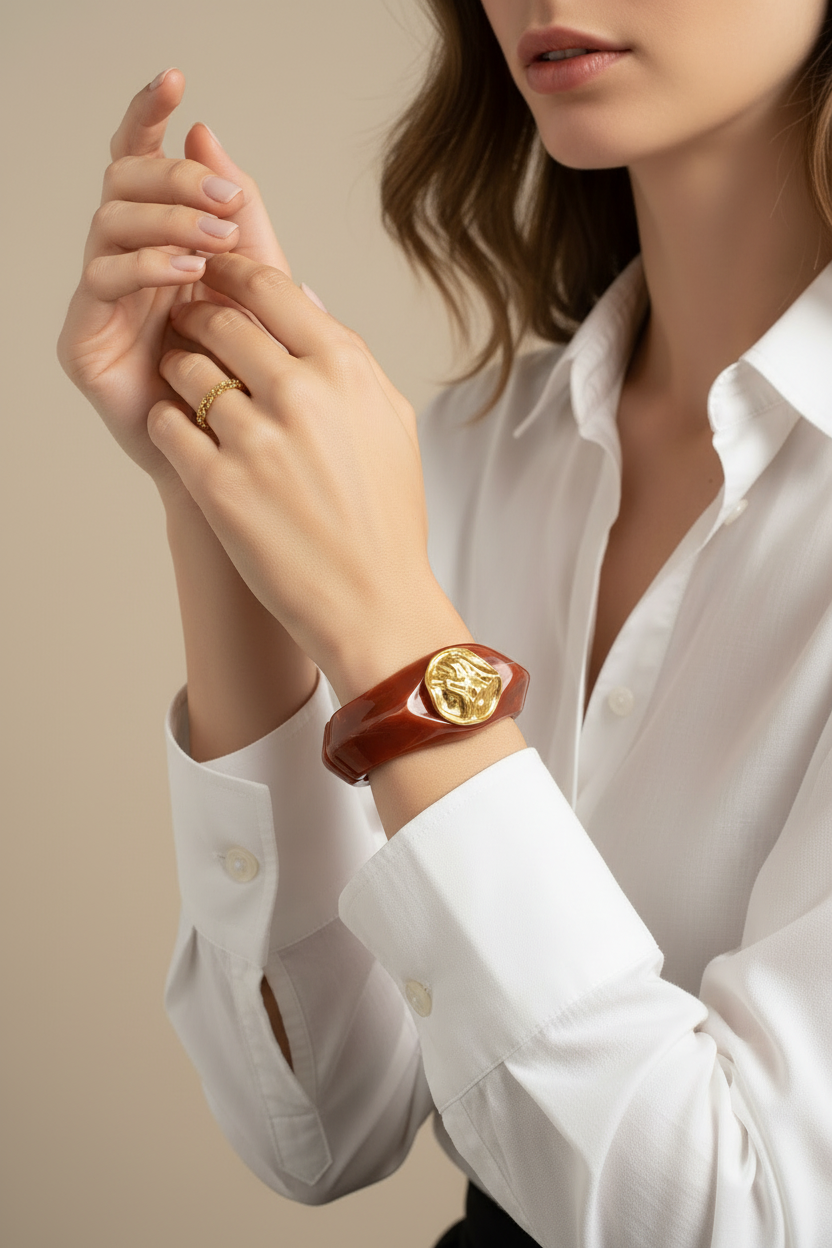 Modelo com Pulseira Marmo-Ochre e Anel Mesh - Pose 1