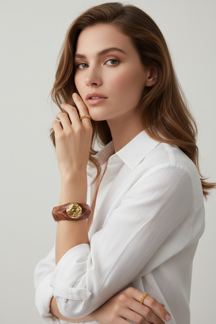 Modelo com Pulseira Marmo-Ochre e Anel Mesh - Pose Natural