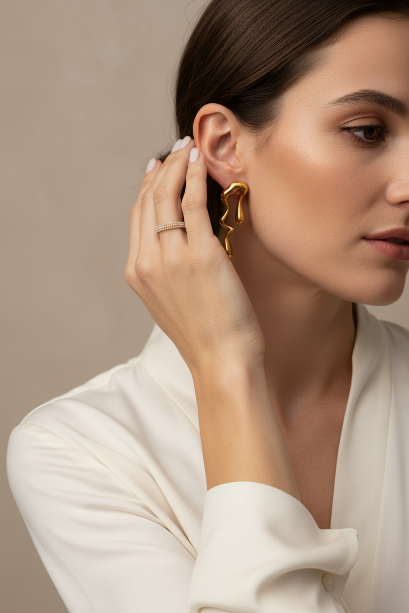 Brincos Cascade e Anel Pearl Caviar - Pose Elegante