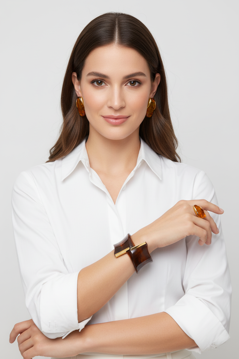 Fotografia Hiper-realista - Brincos Ambar Flame, Pulseira Mocca-Arch e Anel FlameHeart