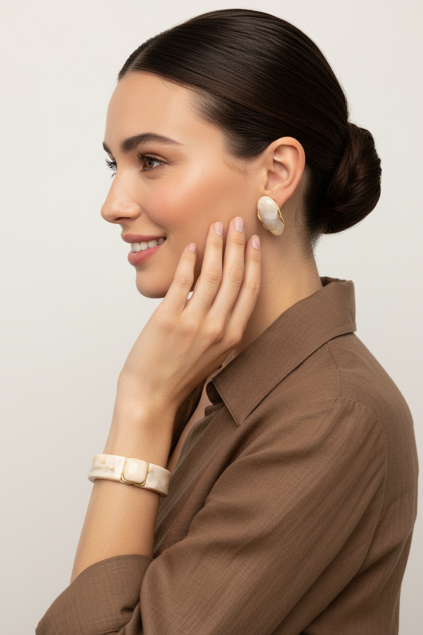 Fotografia Hiper-realista - Brincos Sweet Cream e Pulseira Rígida Sand